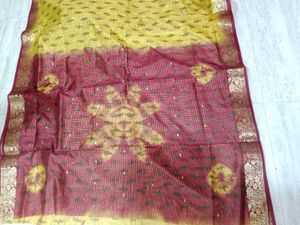 Golden Mustard Silk Saree with Maroon Zari