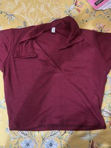Burgundy Ribbed Polo Crop Top