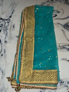 Traditional Bridal Dupatta#ocean Blue With Golden