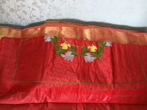 Grey With Red Floral Design ChanderiCotton Saree