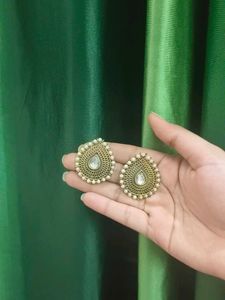 Copper Earrings With Stone In Between , White Beed