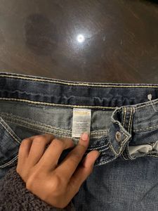 Denim skirt with leopard print