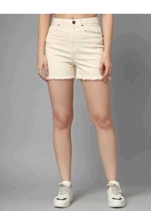 Cream Denim Frayed Shorts