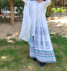 White Printed Anarkali Kurti Set