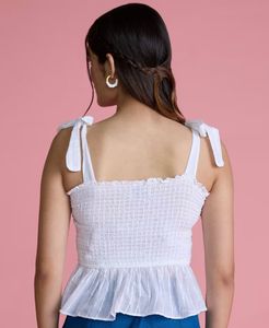 White Smocked Tie-Strap Peplum Tank