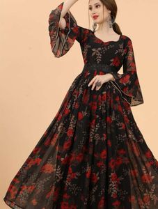Women Black &amp; Red Floral Fit And FlareMaxi Dress
