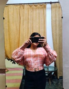 PINK BALLOON SLEEVES CROP TOP WITH BELT