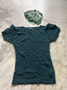 Green Ribbed V-Neck Top