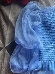 Blue Tulle Puff Sleeve Top