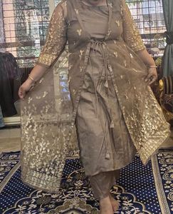 Libas Indo-Western Beige &Gold Kurta,Pant &Jacket