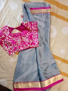 Elegant Grey Silk Saree with Pink Blouse