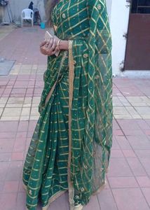 Green &amp; Gold Embellished Saree