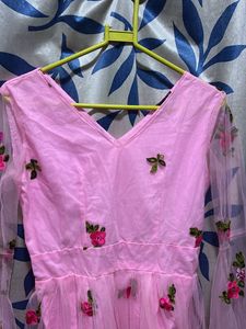 Pink Net Fabric Solid Full Sleeve V-Neck Top