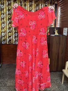 Red Floral Chiffon Midi Dress