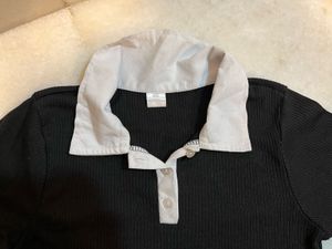 Black &amp; Cream Ribbed Polo Crop Top