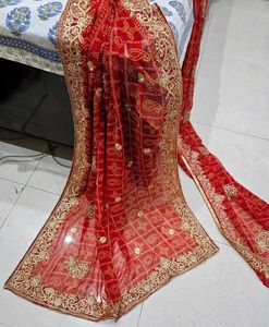 Beautiful Red Bandhani Saree With Amazing Work