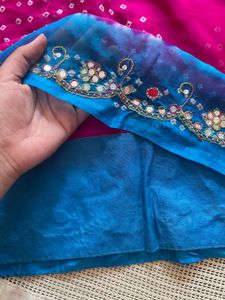 Blue And Pink Bandhani Heavy Saree
