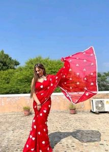 Red Heart Print Saree