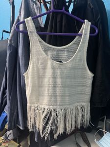 H&amp;M Divided White Open Knit Fringe Hem Sleeveless
