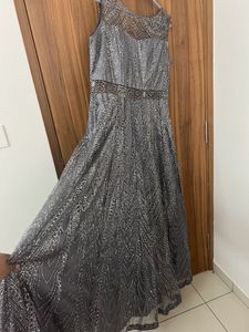 Grey Glitter Ethnic Gown With Transparent Neck