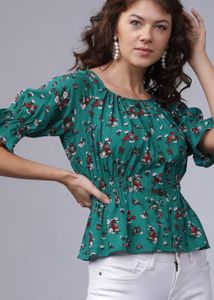 “Tokyo Talkies” Green Floral Clinched Waist Top