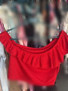 Red Ruffled Off-Shoulder Crop Top