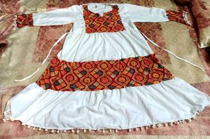 Fusion White Cotton Kurti Dress with Ethnic Red