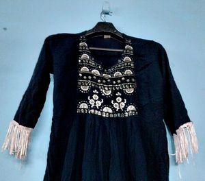 Black Kurti with Embroidery &amp; Tassels