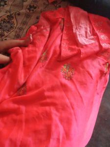 Embroidered Coral Saree