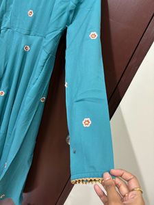 Teal Blue Or Cyan Floral Georgette Anarkali