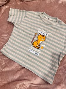 Cute Striped Tee with Cat Graphic