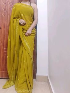 Sale 🌟🌟 bollywood OLIVE GREEN pure chiffon saree with embroidery work with readymade blouse, size : 36 | supersoft