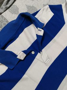 Men Blue White Striped Cotton Tshirt