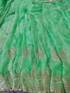 Sea Green Embellished Saree With Cut Work