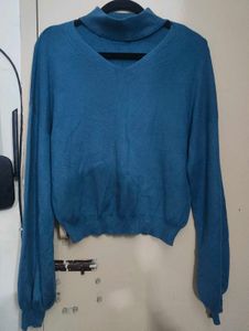 Teal Cutout Neck Long Sleeve Top