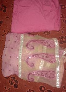 Pink And Sandal Kurta Set With Work Dupatta