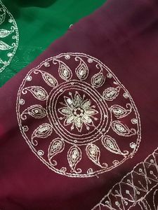 Green &amp;Pink  Embroidered Saree No Blouse