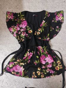 Floral Mesh Detail Tie Knot Top