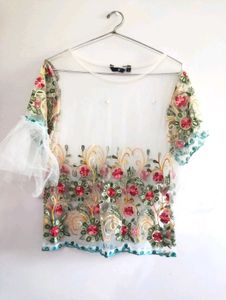 Floral Embroidered Net Top