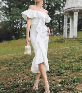 White Ruffle Off-Shoulder Midi Dress