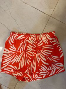 HWW Red Leaf Printed Linen shorts, S