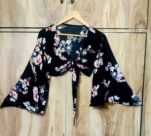 Black Printed Crop Top Size-30