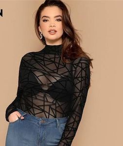 Black Geometric Print Mock Neck Top