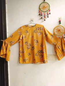 Mustard Floral Printed Top With Bell Sleeves