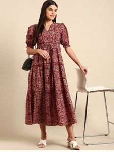 Patterned Midi Dress with Puff Sleeves