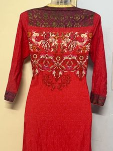Embroidered Pure Cotton Red Kurta