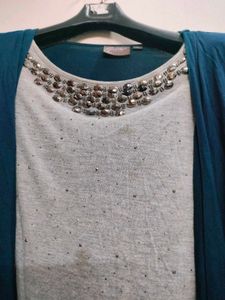 Grey &amp; Teal Embellished Top