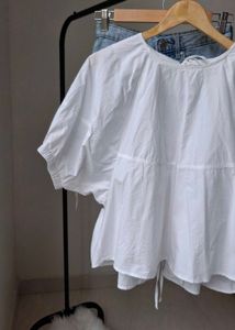 KOREAN White Puff Sleeve Tie-Back Blouse