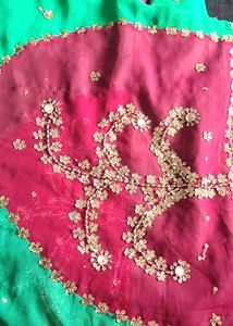 Embroidery Pink &amp; Sea Green Chiffon Saree
