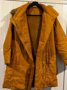 Mustard Puffer Coat with Faux Fur Hood